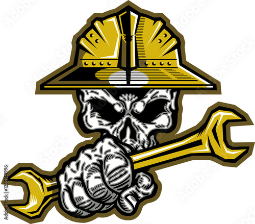 roughneck skull mascot holding wrench and wearing hard hat