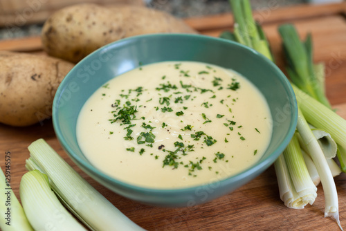 Close up of cold Vichyssoise soup made with leeks and potatoes