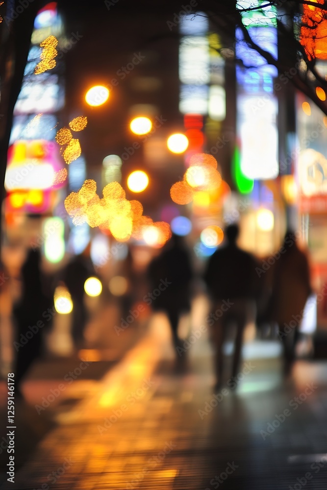 Blurred Street Scene with Colorful Lights During Rainy Evening with Walking People : Generative AI Blurred Street Scene with Colorful Lights During Rainy Evening with Walking People : Generative AI