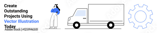 Woman in casual attire contemplating near a delivery truck and a gear outline. Ideal for logistics, business planning, e-commerce, delivery services, innovation, project management, flat landing page
