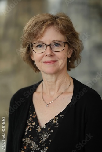 Professional woman smiling warmly in a modern indoor setting with stylish attire showcasing confidence and approachability : Generative AI photo