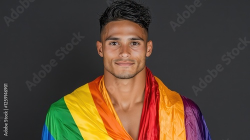 Proud and Confident Hispanic Man Smiling with Rainbow Flag photo