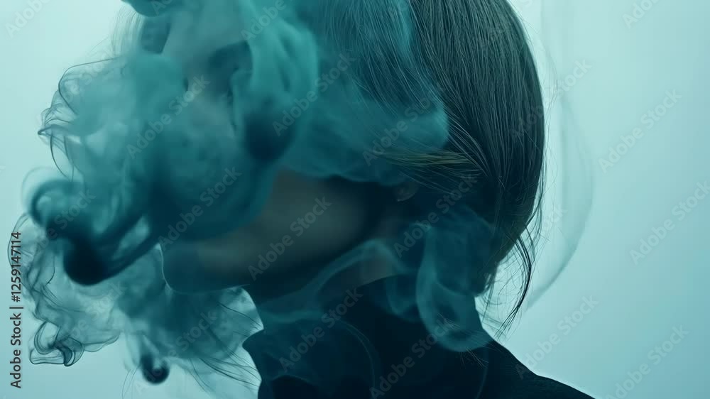 Mysterious portrait of a woman shrouded in blue smoke in an abstract setting Mysterious portrait of a woman shrouded in blue smoke in an abstract setting