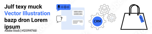 Speech recognition box, CRM integrated gears, and shopping bag with price tag. Ideal for AI tools, CRM workflows, e-commerce, automation, online communication, digital services flat landing page