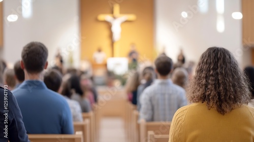 Congregation in a church attending a religious service with focus on worship : Generative AI photo