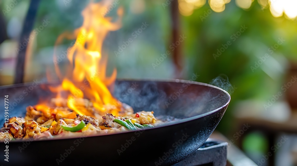 Sizzling Chicken on Grill with Flames and Smoke in Outdoor Setting : Generative AI Sizzling Chicken on Grill with Flames and Smoke in Outdoor Setting : Generative AI