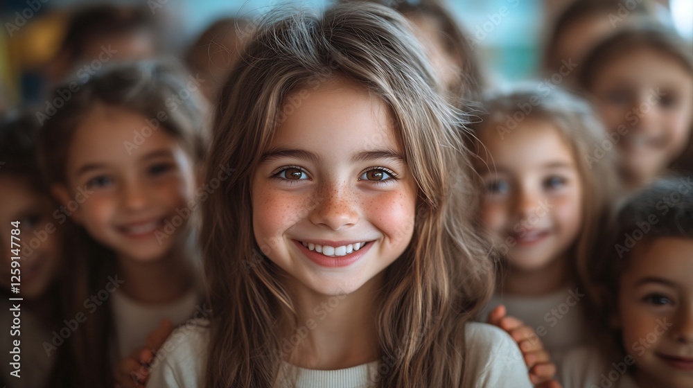 Fototapeta premium Joyful group of children hugging their female teacher after a successful school play celebrating their achievements together in a classroom setting