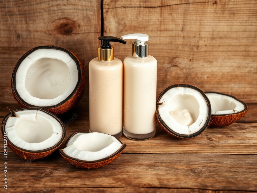 Coconut Cream Body Wash and Lotion on Wooden Background Coconut Cream Body Wash and Lotion on Wooden Background