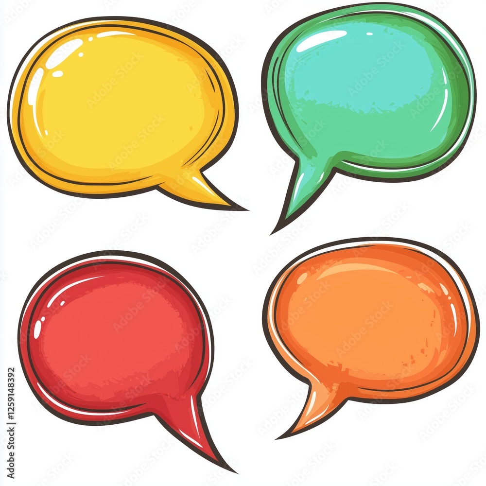 Colorful speech bubbles illustration in yellow, green, red, and orange with glossy finish Colorful speech bubbles illustration in yellow, green, red, and orange with glossy finish