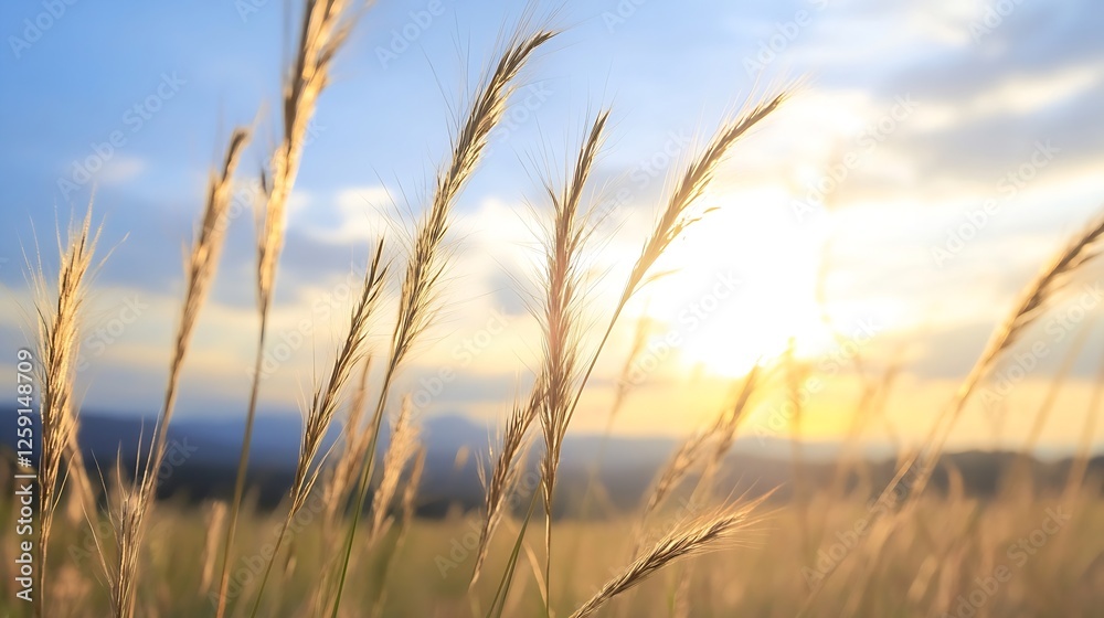 Golden sunrise over wheat field with grass swaying in the gentle breeze and beautiful sky : Generative AI Golden sunrise over wheat field with grass swaying in the gentle breeze and beautiful sky : Generative AI