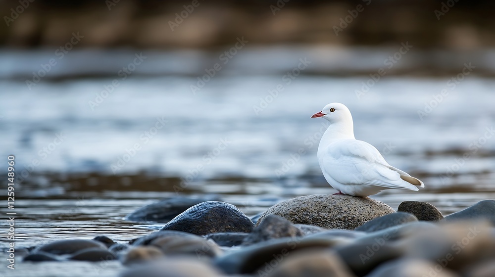 Graceful White Bird Perched on Stones by the Tranquil Water at Dusk Enhancing Nature's Serenity and Beauty : Generative AI Graceful White Bird Perched on Stones by the Tranquil Water at Dusk Enhancing Nature's Serenity and Beauty : Generative AI