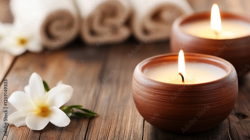 Aromatherapy Candles with Rolling Towels and a Beautiful Flower on a Wooden Table : Generative AI Aromatherapy Candles with Rolling Towels and a Beautiful Flower on a Wooden Table : Generative AI