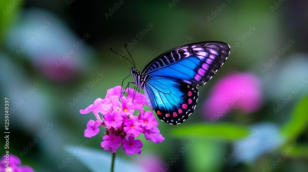 Vibrant Blue Butterfly Perched on a Pink Flower Creating a Stunning Contrast in a Lush Garden Setting : Generative AI Vibrant Blue Butterfly Perched on a Pink Flower Creating a Stunning Contrast in a Lush Garden Setting : Generative AI