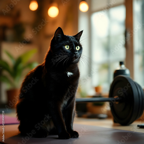Curious Black Cat Sitting Calmly on Yoga Mat in Modern Home Gym with Natural Light