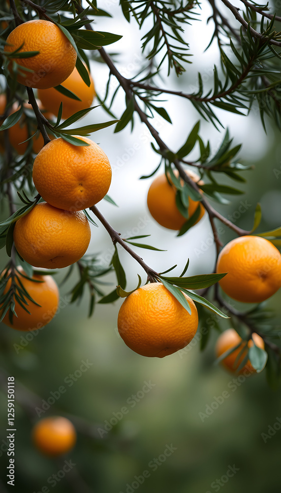 Rich tangerines on fir twigs, mindfulness theme. with white shades Rich tangerines on fir twigs, mindfulness theme. with white shades