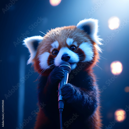Cute Red Panda Holding Microphone on Stage with Bright Lights and a Playful Expression