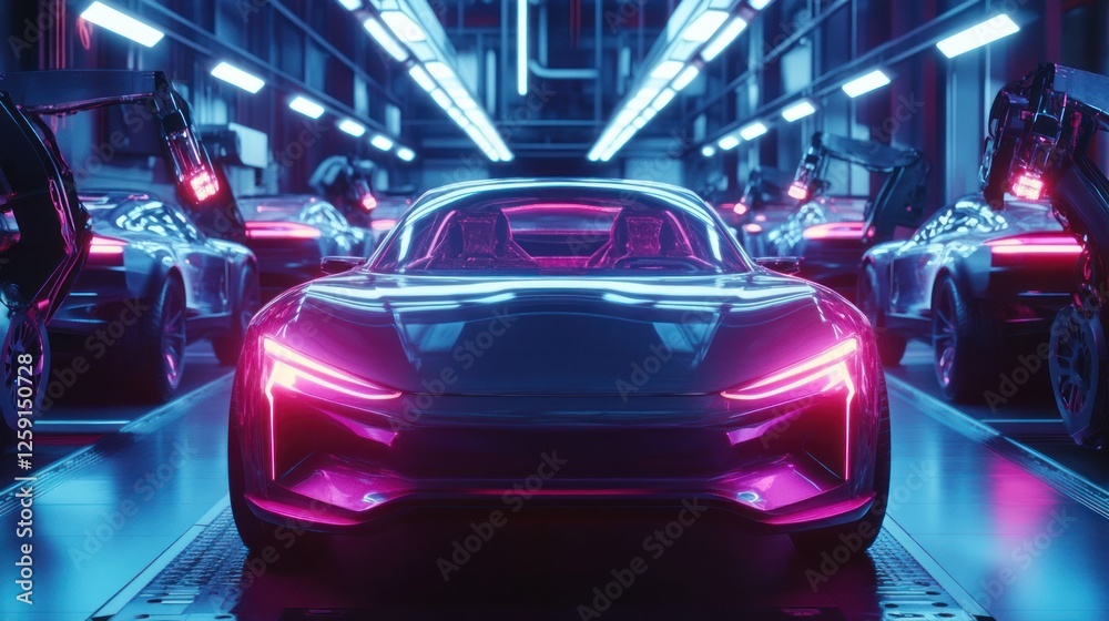 Futuristic cars on assembly line with neon lights. Futuristic cars on assembly line with neon lights.