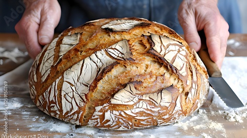 Artisan sourdough bread being sliced, hands holding, rustic wooden table photo