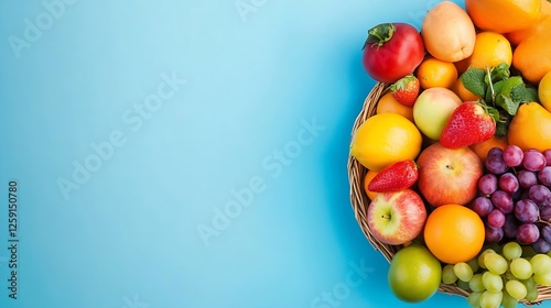 Colorful Assorted Fresh Fruits in Basket with Blue Background for Healthy Lifestyle : Generative AI photo