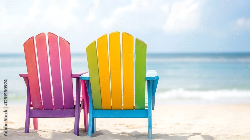 Colorful beach chairs in vibrant shades of pink, yellow, and blue along a sandy shore under a sunny sky : Generative AI Colorful beach chairs in vibrant shades of pink, yellow, and blue along a sandy shore under a sunny sky : Generative AI
