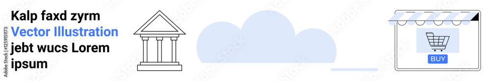 Shopping cart in storefront, classical architecture icon, and cloud. Ideal for e-commerce, online purchasing, web services, shopping systems, cloud technology, business flat landing page banner Shopping cart in storefront, classical architecture icon, and cloud. Ideal for e-commerce, online purchasing, web services, shopping systems, cloud technology, business flat landing page banner