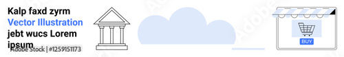 Shopping cart in storefront, classical architecture icon, and cloud. Ideal for e-commerce, online purchasing, web services, shopping systems, cloud technology, business flat landing page banner