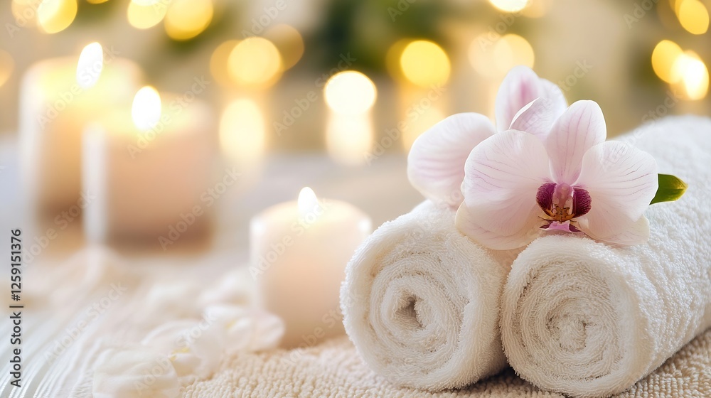 Luxurious Spa Setting with Fresh Towels and Beautiful Orchid Flowers and Soft Candlelight : Generative AI Luxurious Spa Setting with Fresh Towels and Beautiful Orchid Flowers and Soft Candlelight : Generative AI