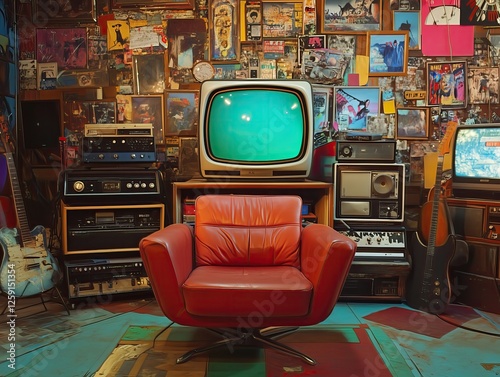 Maximally composed home or garage studio with musical instruments and equipment with chair in center and a TV with blank screen. AI generated retro shot style image.