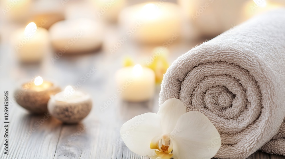 Tranquil Spa Setting with Soft Towels Candles and Orchid Flower for Relaxation : Generative AI Tranquil Spa Setting with Soft Towels Candles and Orchid Flower for Relaxation : Generative AI