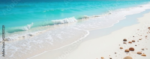 Soft blue ocean waves gently caress the shore of a pristine beach with fine white sand and shells scattered along its length, waves, sand, ocean