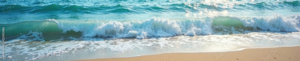 Fototapeta premium Soft ocean waves gently lap at the shore creating a soothing atmosphere with gentle ripples and subtle foam textures, tranquility, peaceful