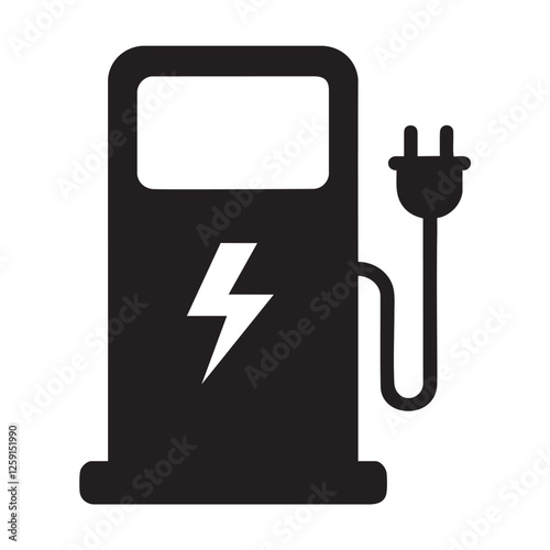 Electric Car and Charging Point Icons – Clean Energy, Electric Mobility Icons – Charging Stations and Renewable Energy
