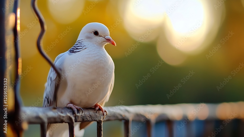Beautiful White Dove Perched on a Bar with a Soft Faded Background of Golden Lights : Generative AI Beautiful White Dove Perched on a Bar with a Soft Faded Background of Golden Lights : Generative AI