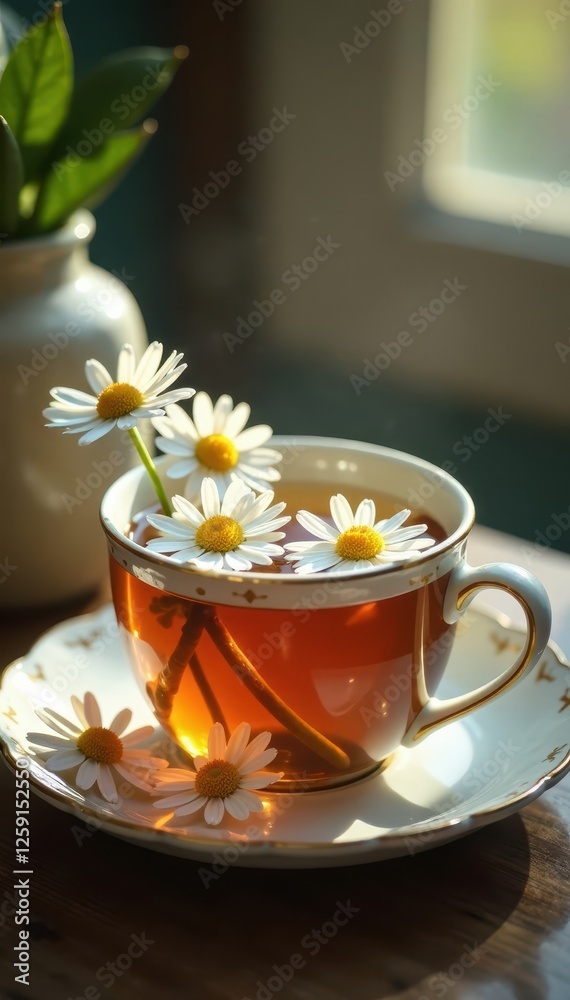 Softly blooming daisies in a cup of herbal tea, botanical, flowers, serene Softly blooming daisies in a cup of herbal tea, botanical, flowers, serene