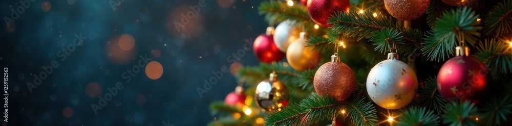 Sparkling Christmas tree with numerous colourful ornaments and soft twinkling lights , baubles, sparkling Sparkling Christmas tree with numerous colourful ornaments and soft twinkling lights , baubles, sparkling