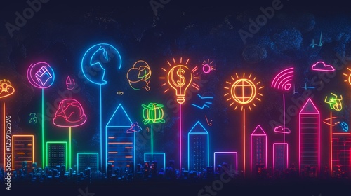 A digital illustration of a neon-lit city skyline featuring vibrant glowing icons representing finance, technology, and sustainability. The futuristic urban scene glows against a dark sky. AI