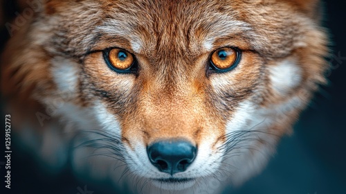 Close-up coyote portrait, intense gaze, dark background, wildlife photography photo