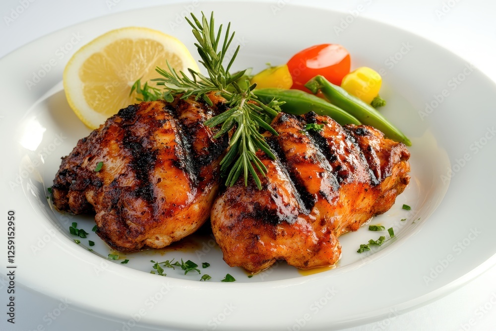 Grilled Chicken Breast Garnished with Rosemary, Lemon Slice, Cherry Tomatoes, and Green Beans on White Plate Grilled Chicken Breast Garnished with Rosemary, Lemon Slice, Cherry Tomatoes, and Green Beans on White Plate