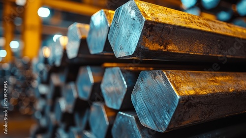 Industrial Steel Bars Stacked in Warehouse