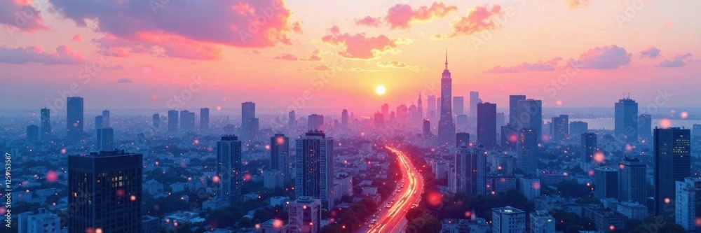 Fototapeta premium Soft watercolor textures over a muted cityscape at dusk, calm scene, evening atmosphere, muted colors