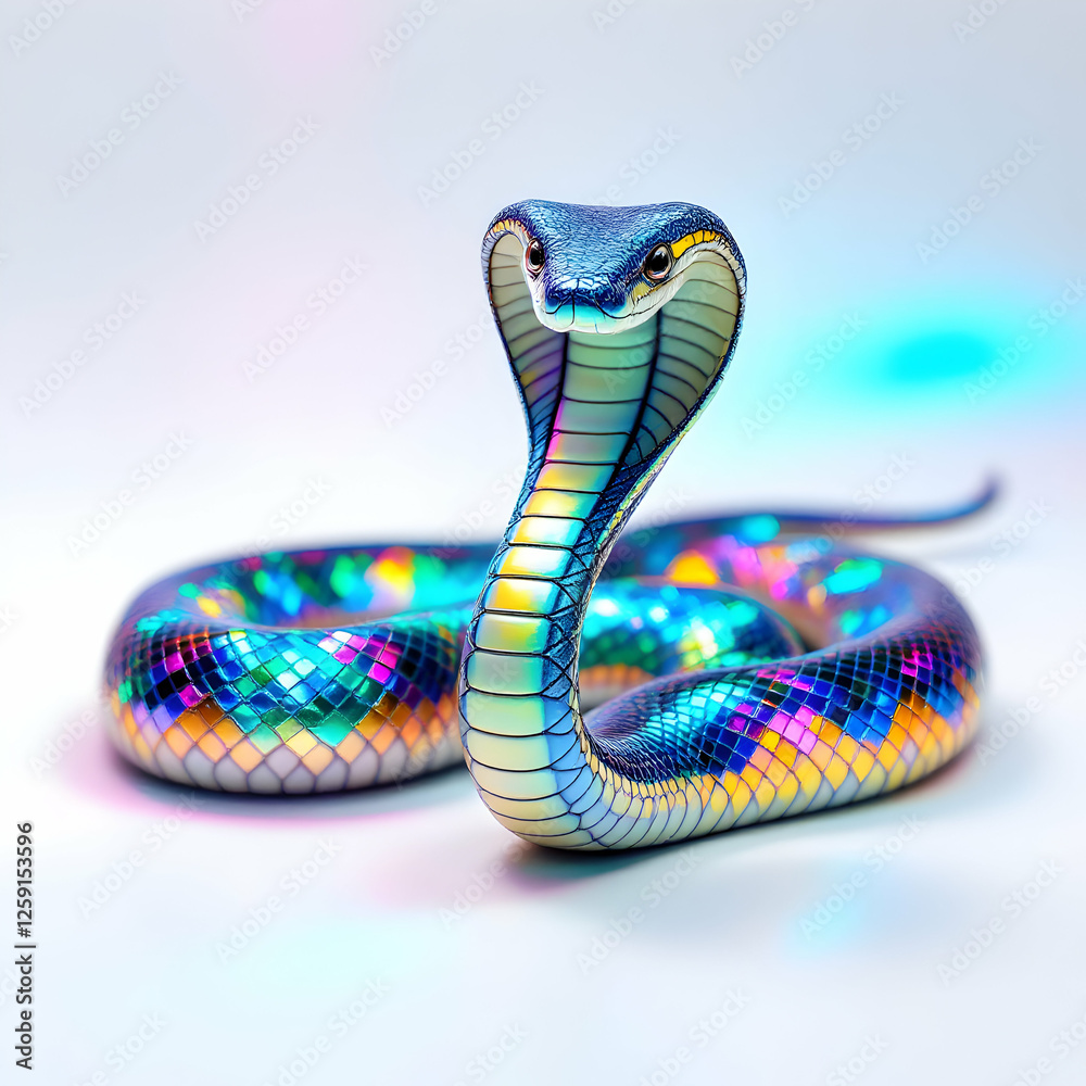 Fototapeta premium Iridescent Colorful Snake With Shiny Scales Against A Light Background