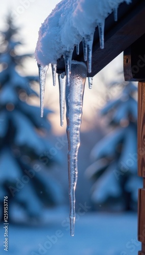 Sparkling icicle hanging from icy eaves , winter, festive, icicle