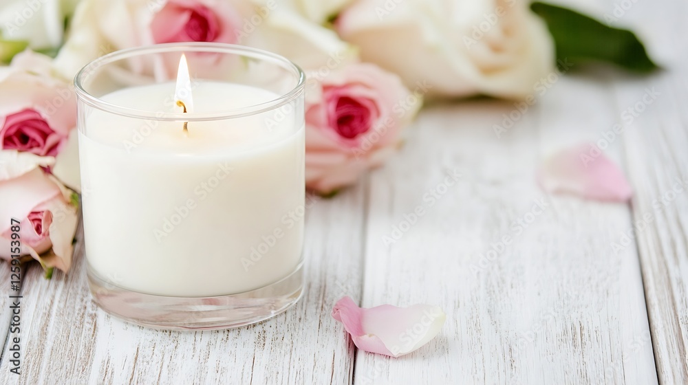 Scented Candle Surrounded by Beautiful Roses on Wooden Table for Relaxation and Serenity : Generative AI Scented Candle Surrounded by Beautiful Roses on Wooden Table for Relaxation and Serenity : Generative AI