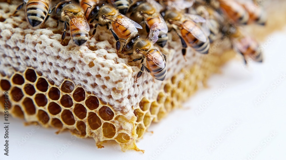 Honeybees on honeycomb, close-up, white background, nature Honeybees on honeycomb, close-up, white background, nature