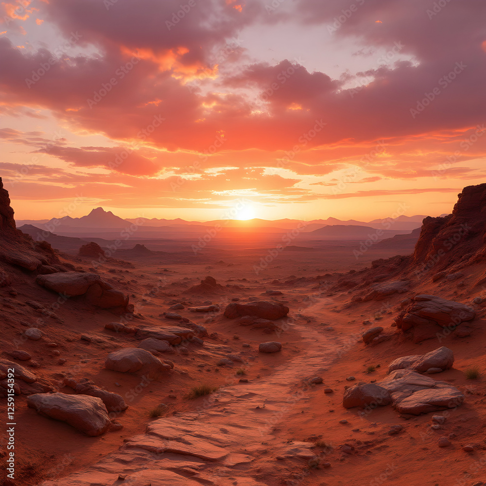 Majestic Desert Landscape at Sunset with Vibrant Sky and Rugged Terrain Bathed in Warm Light Majestic Desert Landscape at Sunset with Vibrant Sky and Rugged Terrain Bathed in Warm Light