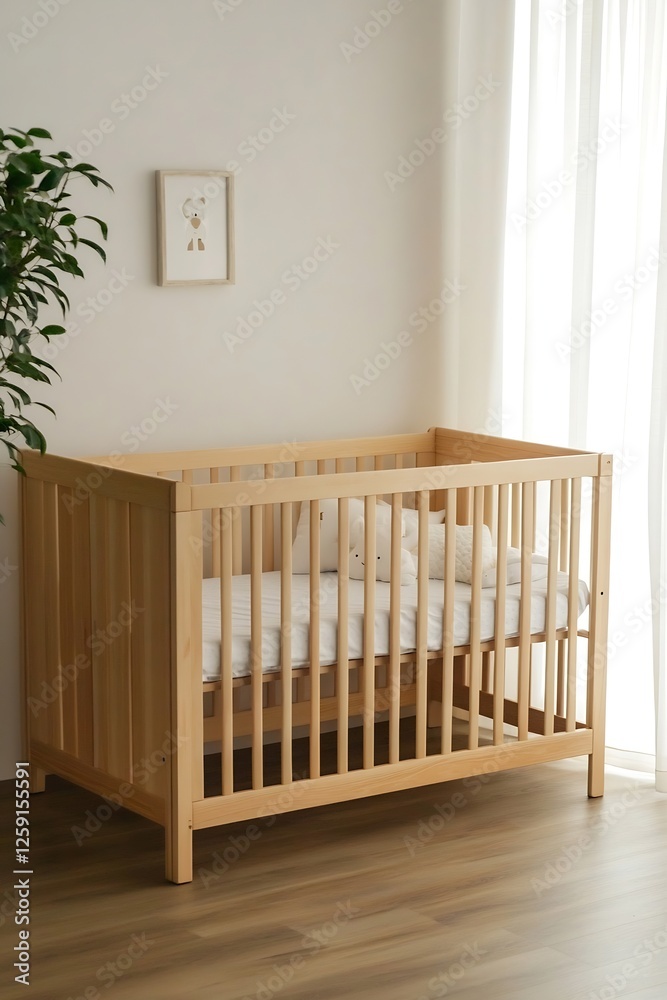 Minimalist Baby Crib in Soft and Calm Nursery Room with Natural Touch : Generative AI Minimalist Baby Crib in Soft and Calm Nursery Room with Natural Touch : Generative AI