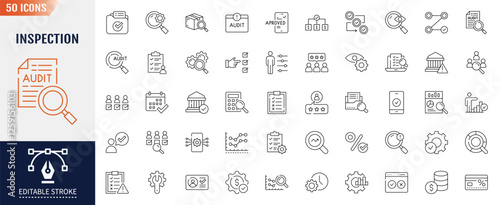 Inspection icon set. Editable stroke. Containing as test, check, control, analysis and more. Vector illustration