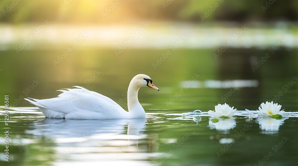 Elegant swan swimming peacefully in a serene pond with blooming water lilies : Generative AI Elegant swan swimming peacefully in a serene pond with blooming water lilies : Generative AI