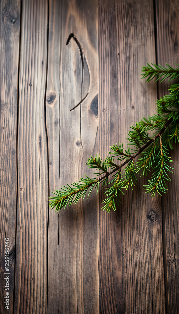 Spruce branch on a wooden background, dreamy atmosphere. with white shades Spruce branch on a wooden background, dreamy atmosphere. with white shades