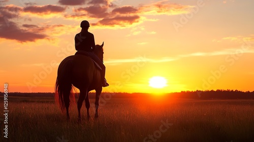 Silhouette of a horse and rider at sunset over a serene landscape : Generative AI photo